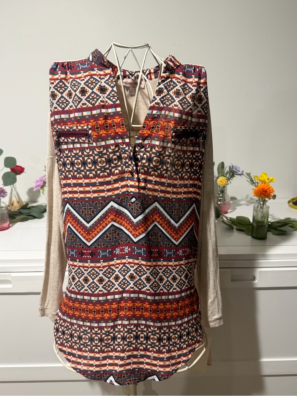 Sequin Hearts Aztec-Print Tunic in Cream and Multi